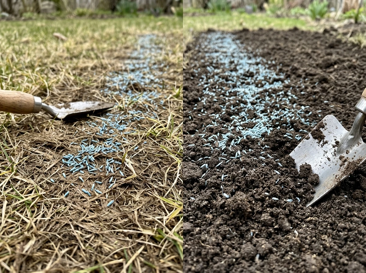 Seed-to-soil contact problem shown: seed on compacted thatch versus loose soil