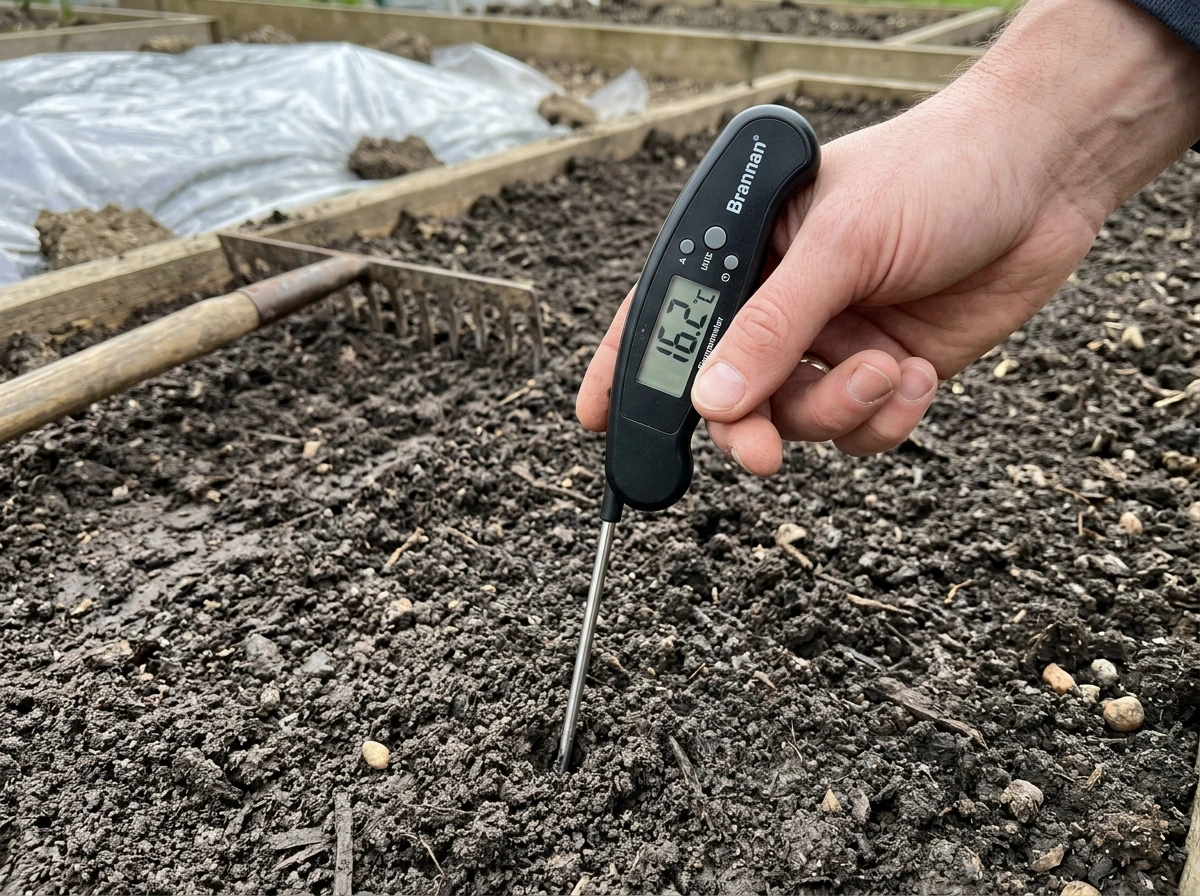 Close-up of soil thermometer reading a measured soil temperature before seeding