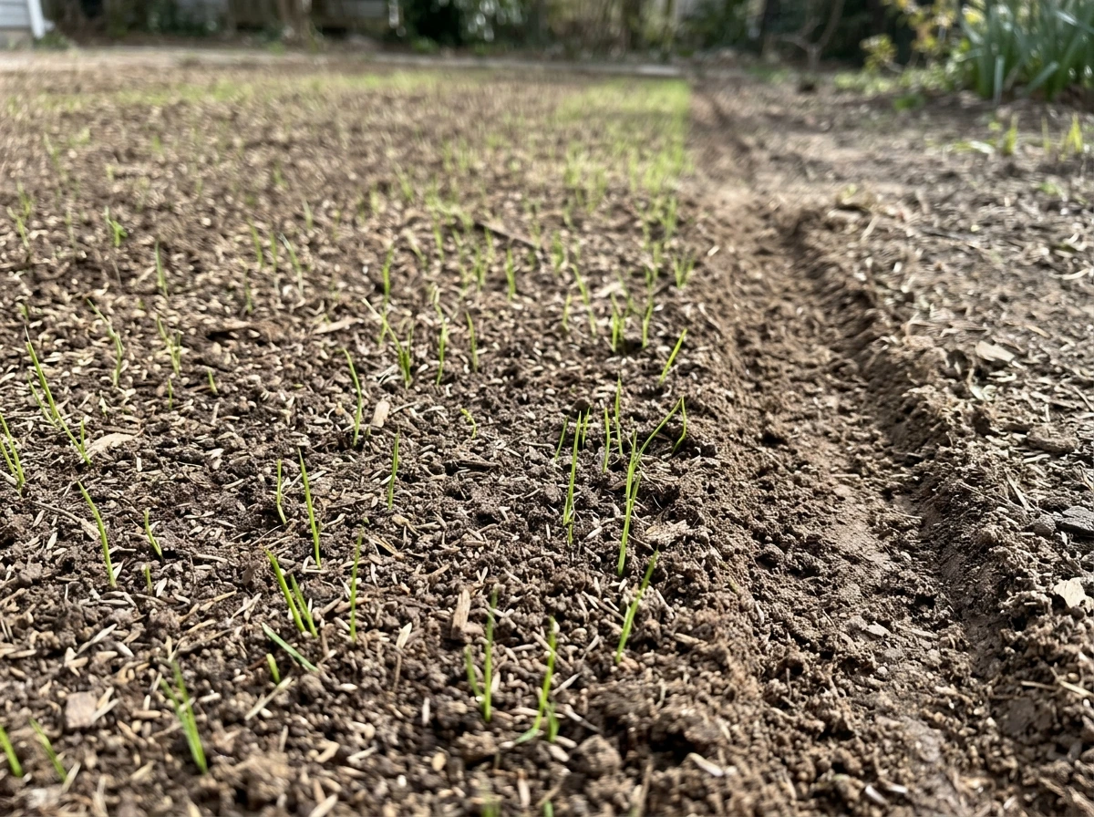 Seeded lawn patch showing thin bright green shoots in scattered areas