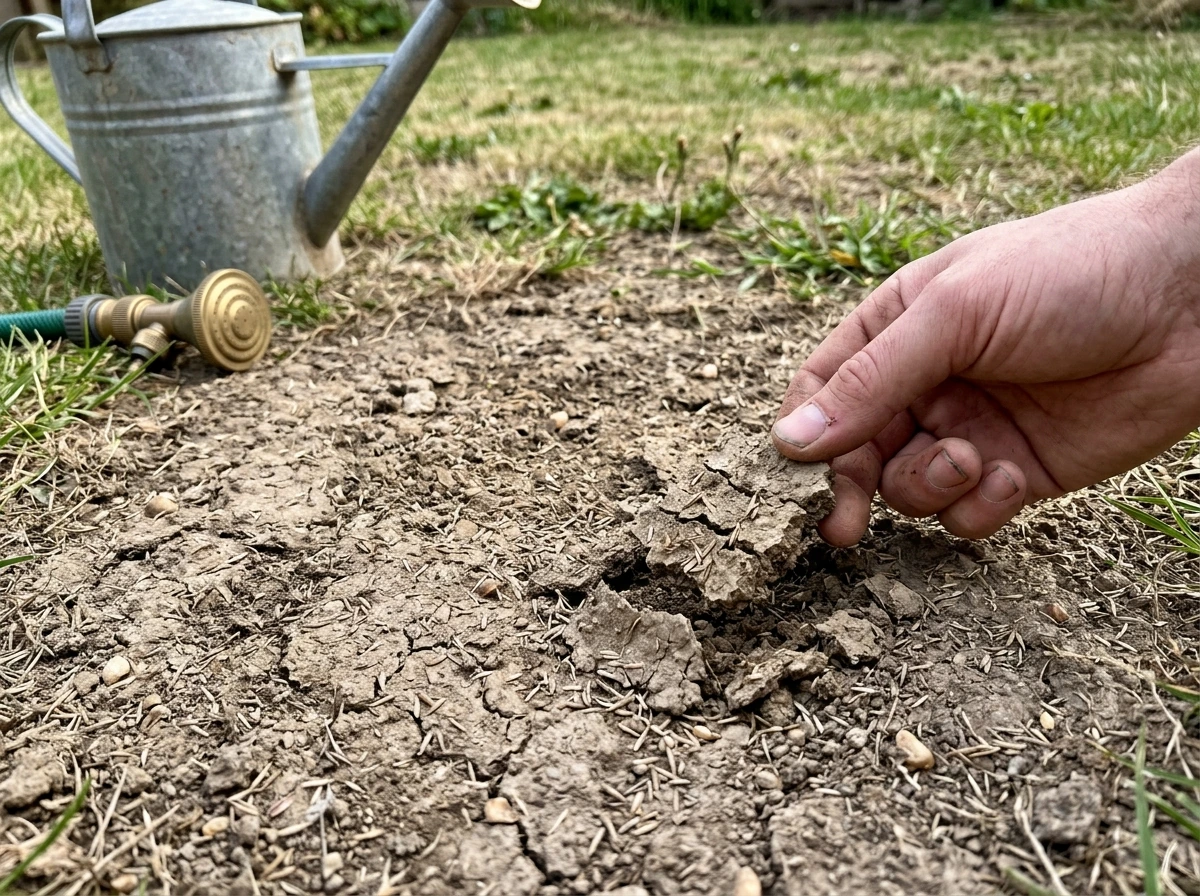 Dry, crusty soil surface with watering can nearby over a seeded area lacking germination