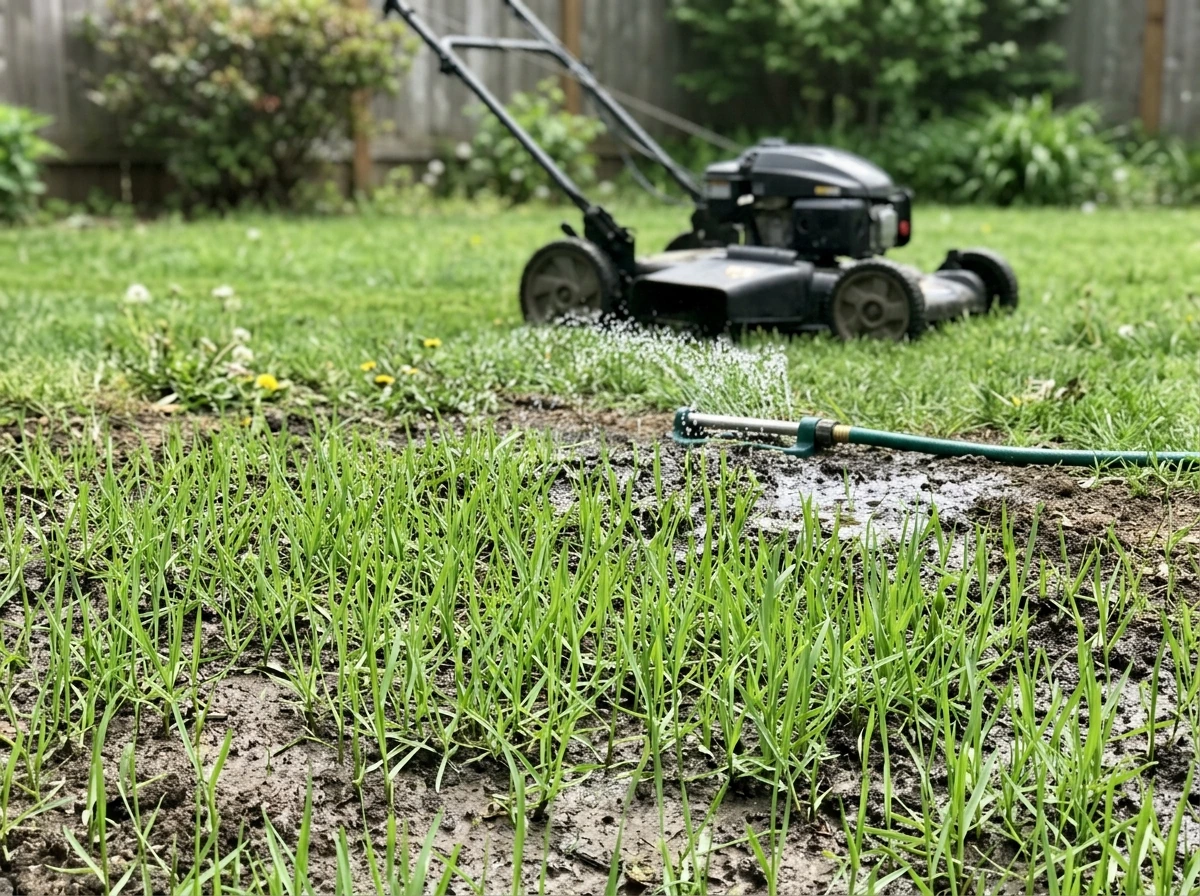 New zoysia seedlings being watered gently and then a mower staged for the first mow
