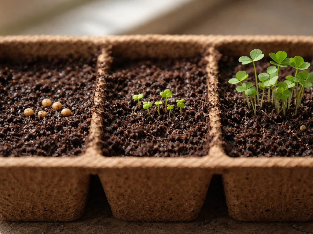 Soil tray with three stages of white clover growth: seeds, tiny sprouts, and young seedlings.