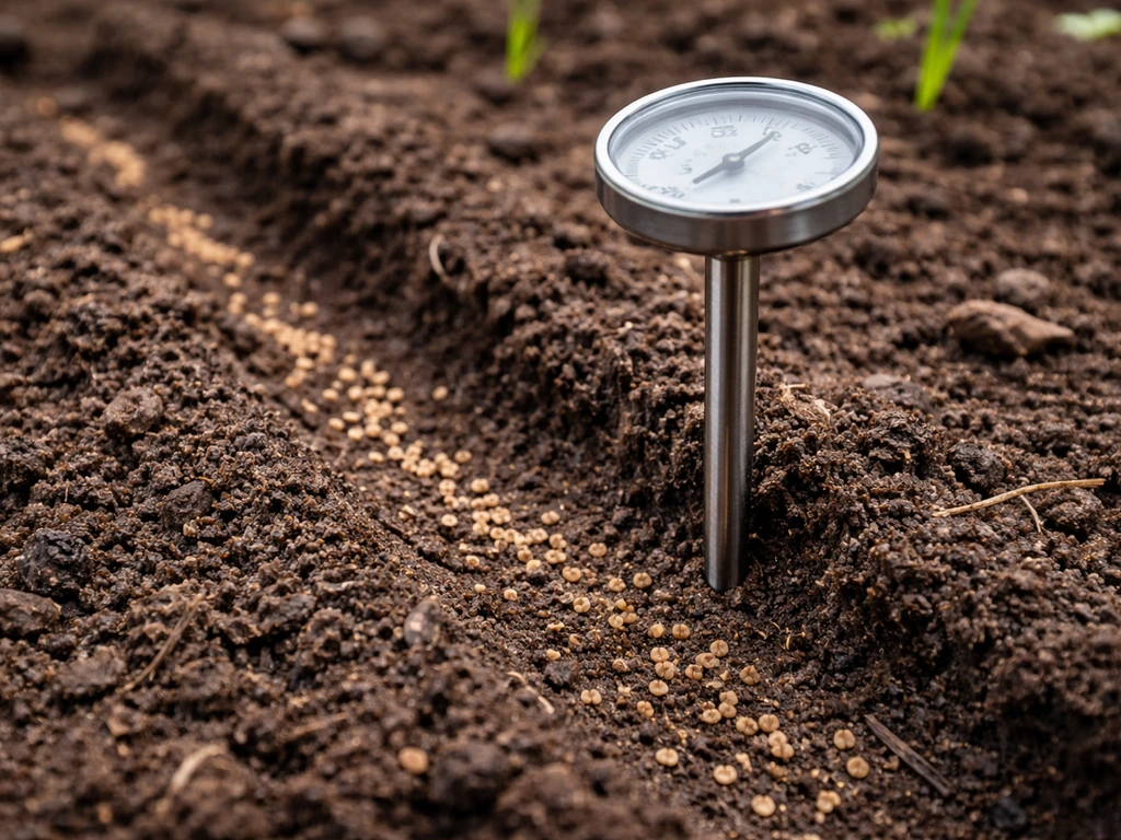 Close-up of a soil thermometer probe in moist garden soil next to clover seeds.