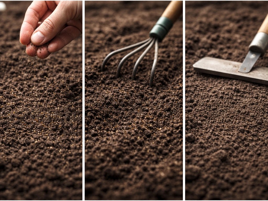 Close-up of clover seed being lightly raked and pressed into firmed soil