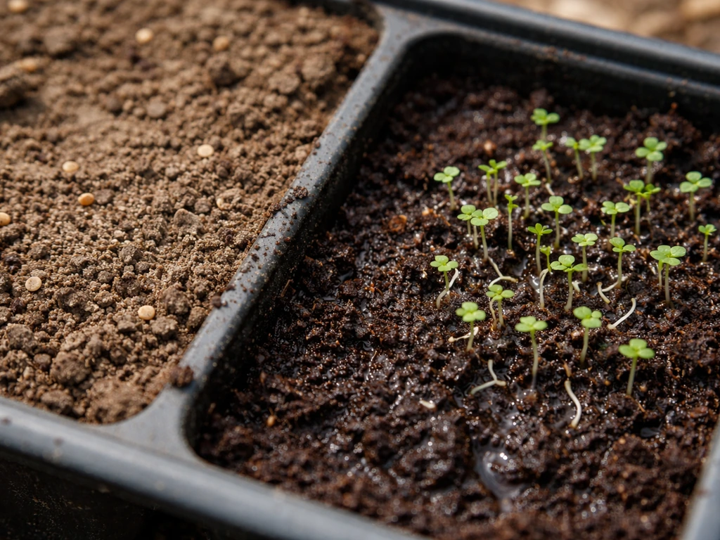 Nearly empty clover seedbed with dry soil crust and a small damp patch showing tiny roots and shoots.
