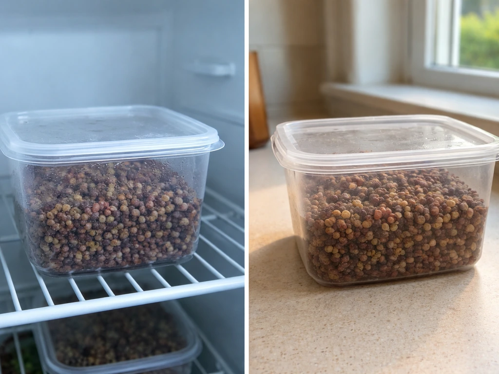 Two containers of grape seeds: cold-fridge setup left, warm counter setup right for comparison.