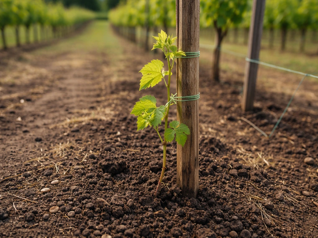 Young grapevine shoot tied to a stake in a vineyard row, new leaves after planting