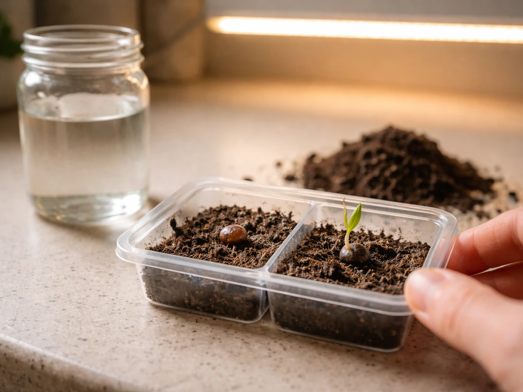 Close-up of grape seeds in a tray: one sprouted with a tiny root, one not, beside damp soil and light.
