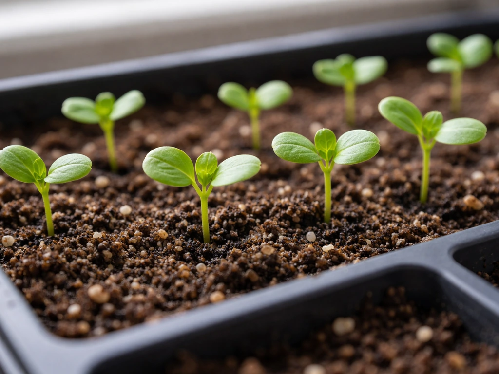 Close-up of mustard seedlings in a seed tray, cotyledons visible and early true leaves emerging.