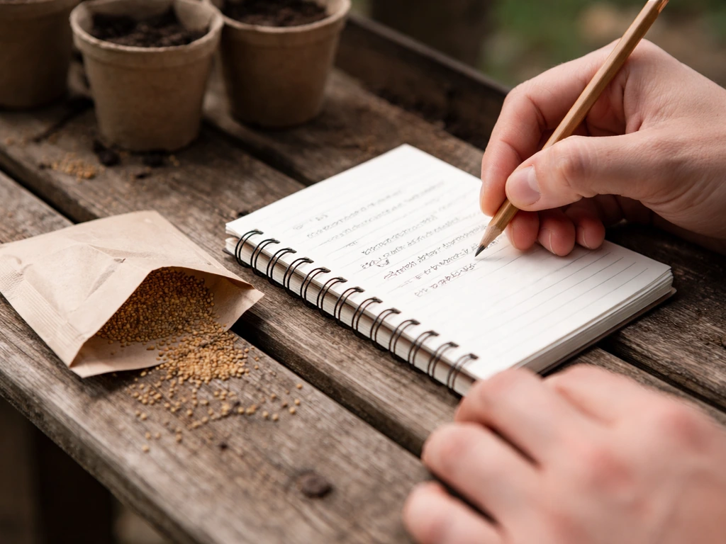 Anonymous hands writing a simple seed-sowing timeline in a notebook beside soil pots.