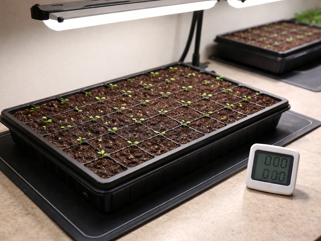 Indoor seed-start tray with tiny seedlings under grow lights, heating mat, and a thermometer/hygrometer nearby.