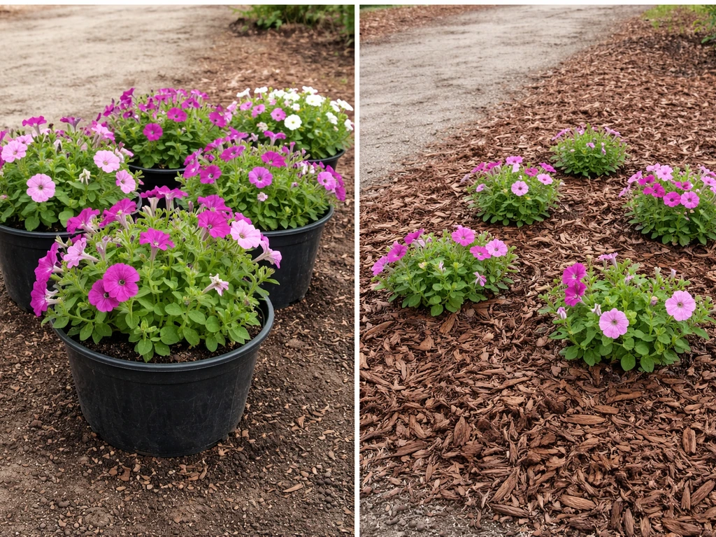 Side-by-side petunia planters and in-ground beds showing different early growth stages.