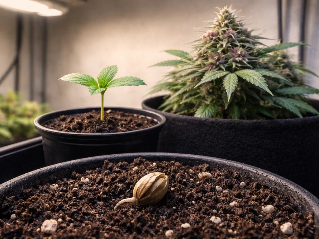 Indoor setup showing cannabis growth stages: cracked seed with taproot, seedling, and flowering buds