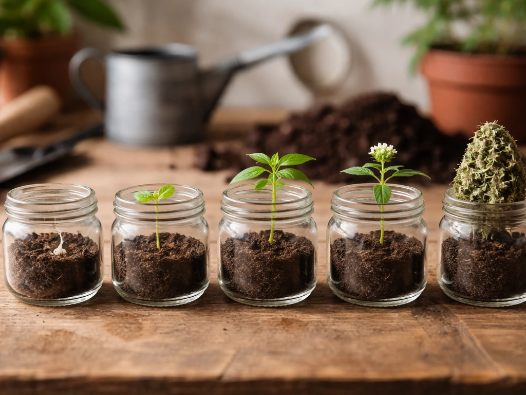 Wooden table with five glass jars showing seed-to-harvest stages of a plant progression