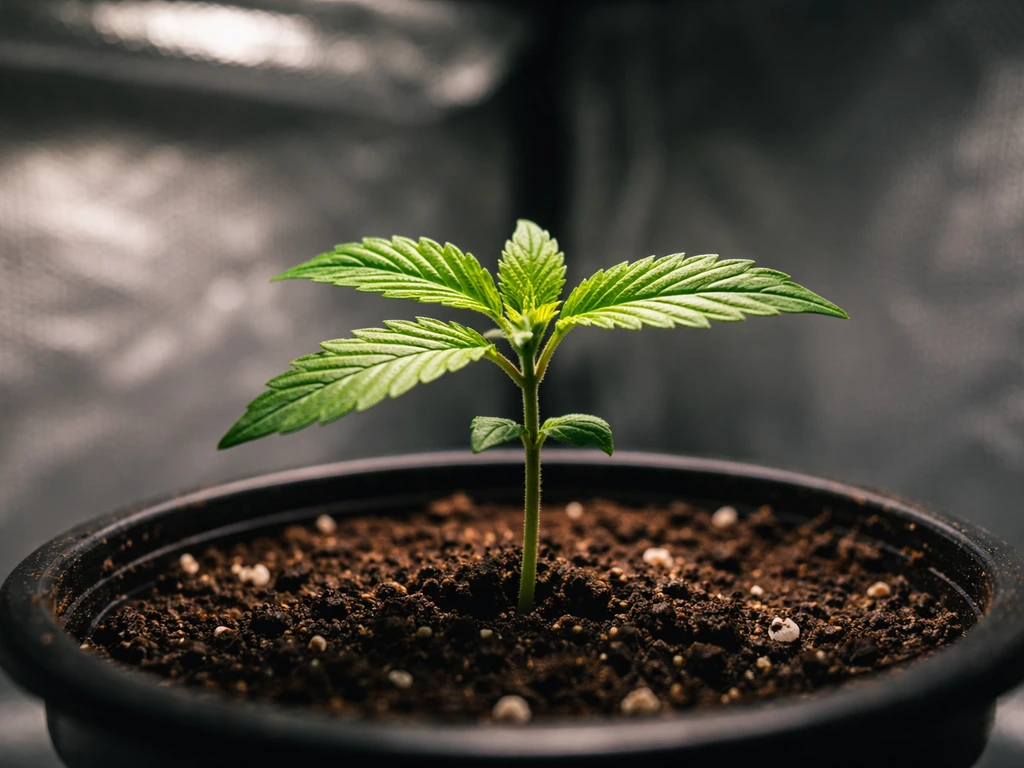 Close-up of a cannabis seedling in a pot under a grow lamp with brighter and dimmer lighting.
