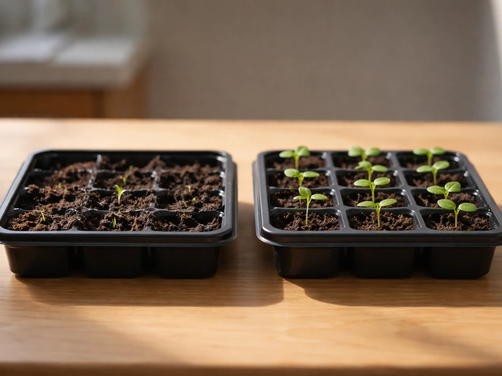 Two seed trays with germinating seedlings side by side on a wooden counter in natural light.