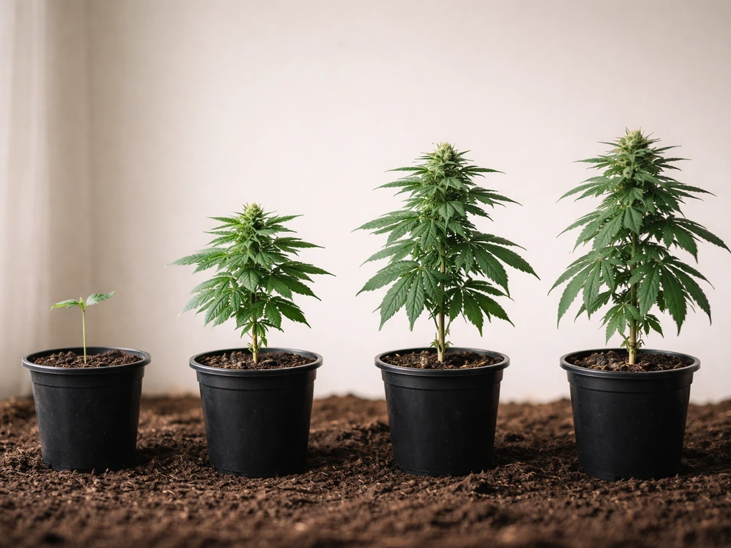 Four simple silhouettes of an autoflower plant at weeks 2, 4, 6, and 8 in minimal garden soil scene