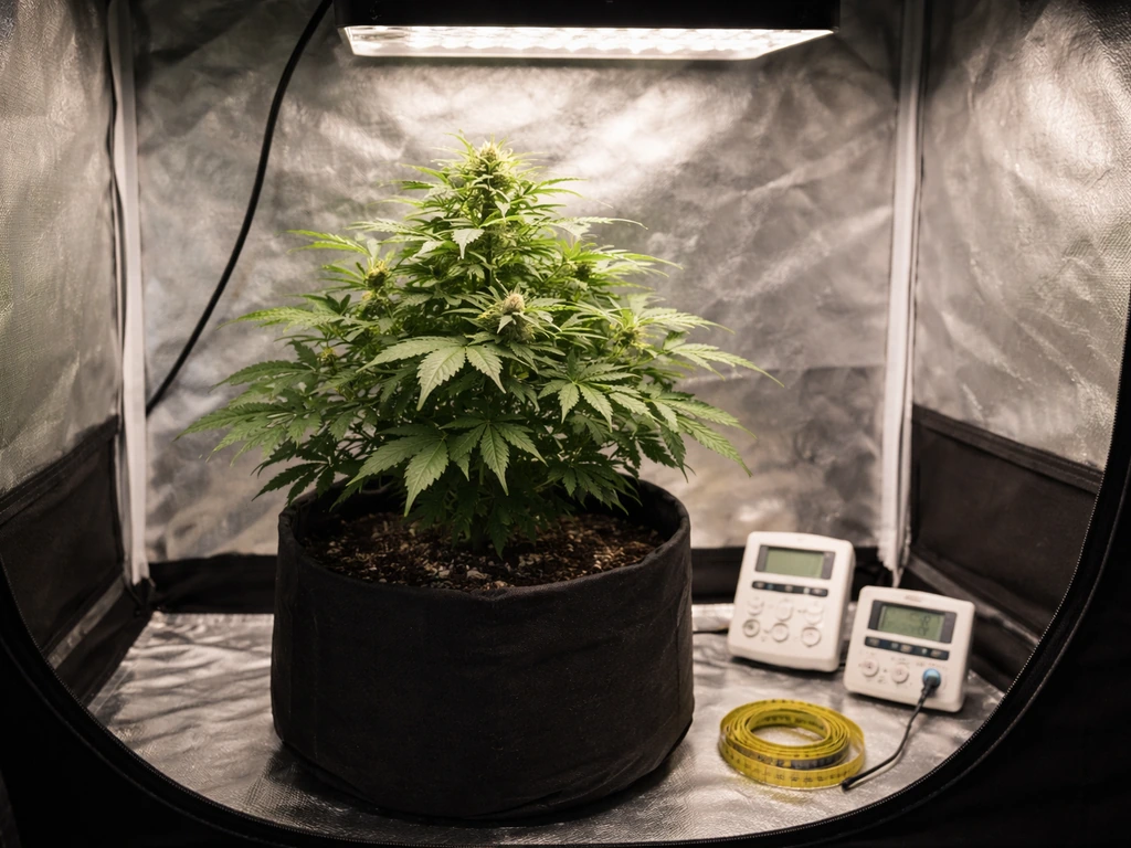 Auto flower grow tent with LED light timer and thermometer/hygrometer beside a mid-growth plant.