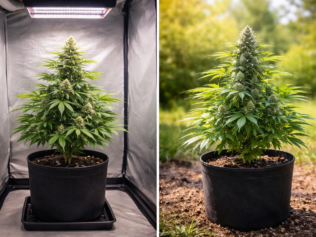 Left: LED-lit indoor autoflower plant; Right: sunlit outdoor autoflower plant with seasonal background