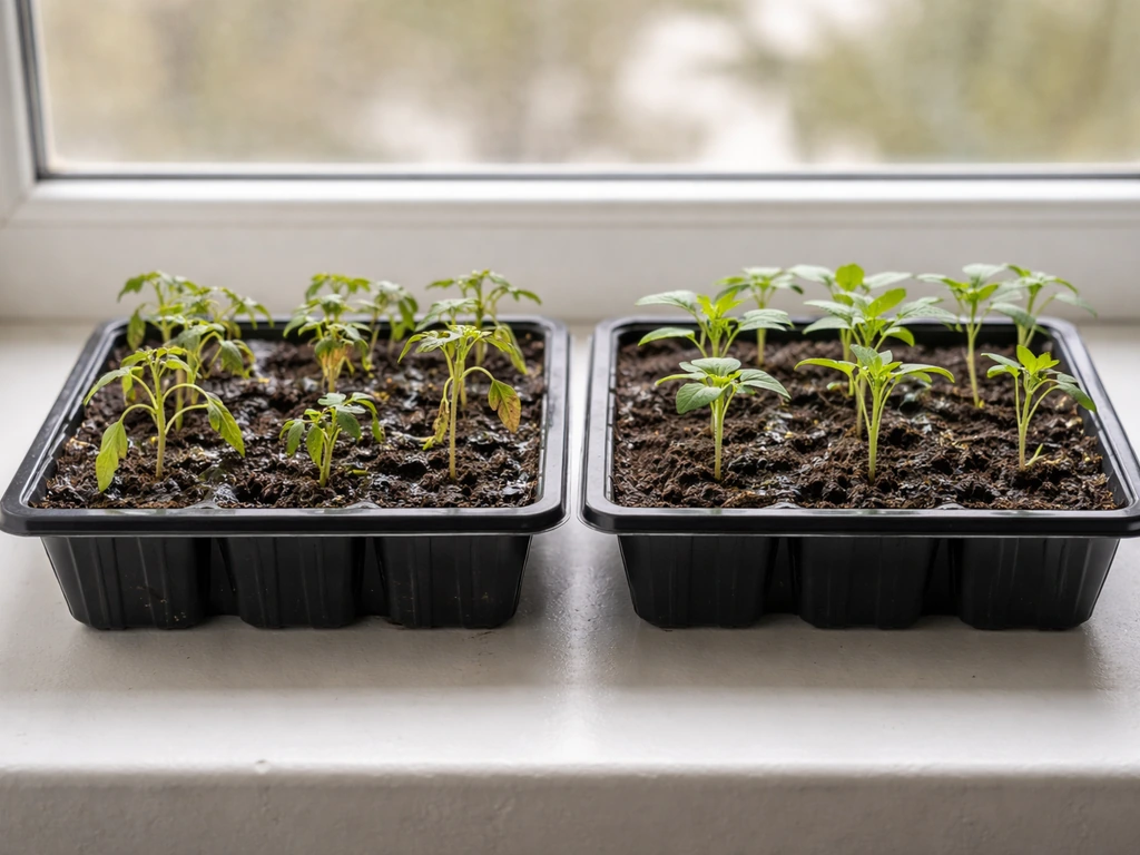 Split image of stunted, soggy overwatered seedlings vs healthy lightly moist soil seedlings.