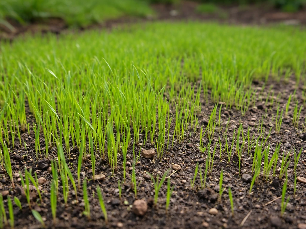 Close-up of fresh green grass seedlings emerging from moist soil, transitioning toward a young lawn.