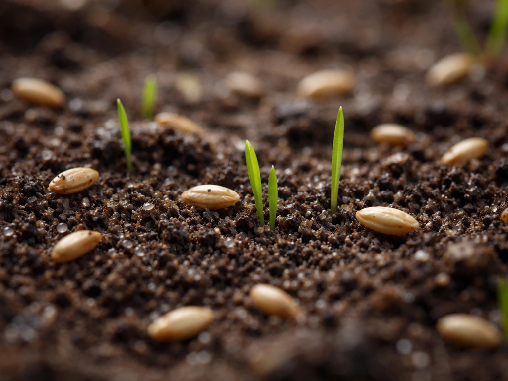Close-up of grass seeds in freshly moistened soil with tiny sprout blades emerging.