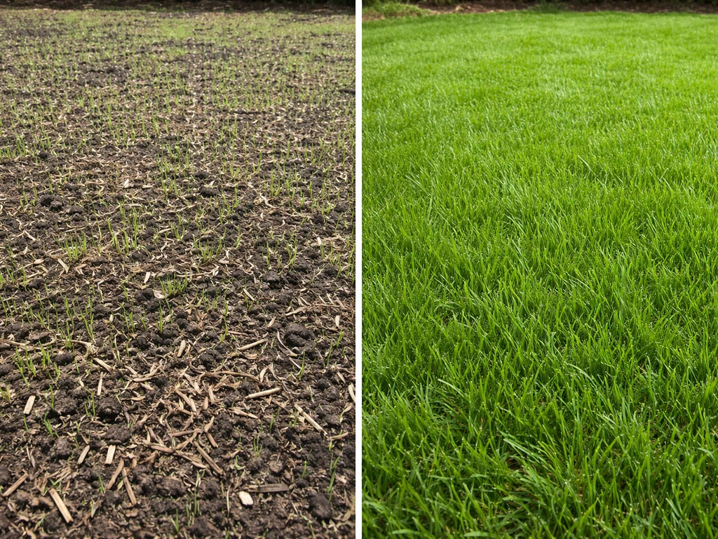 Side-by-side young lawn: patchy newly sown sprouts vs denser green growth ready for first mow.