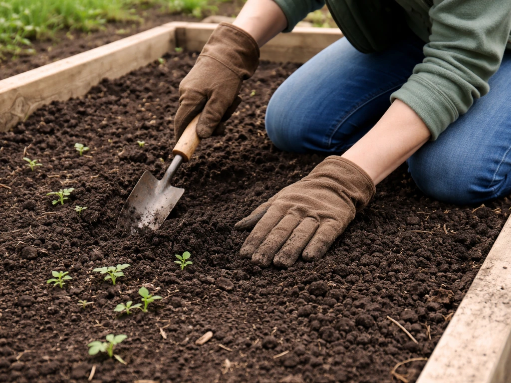 Gardener kneeling by garden beds, using a small trowel to check soil moisture near a patchy sprout area