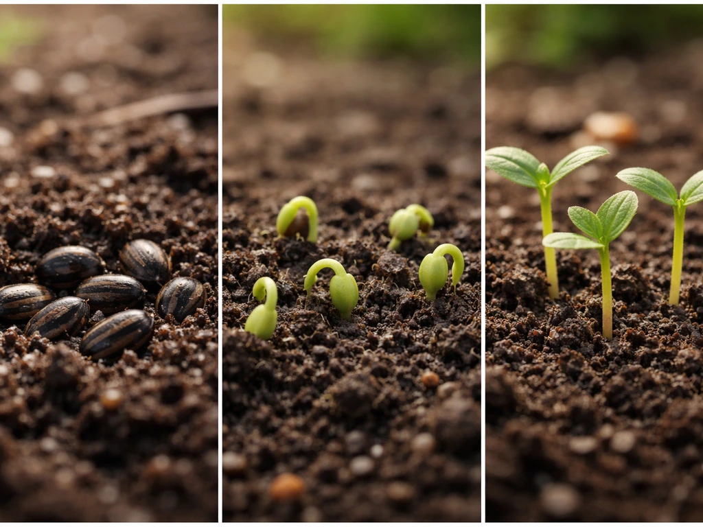 Wild seeds in soil progressing from seed to sprout to small mature plants in separate outdoor closeup segments