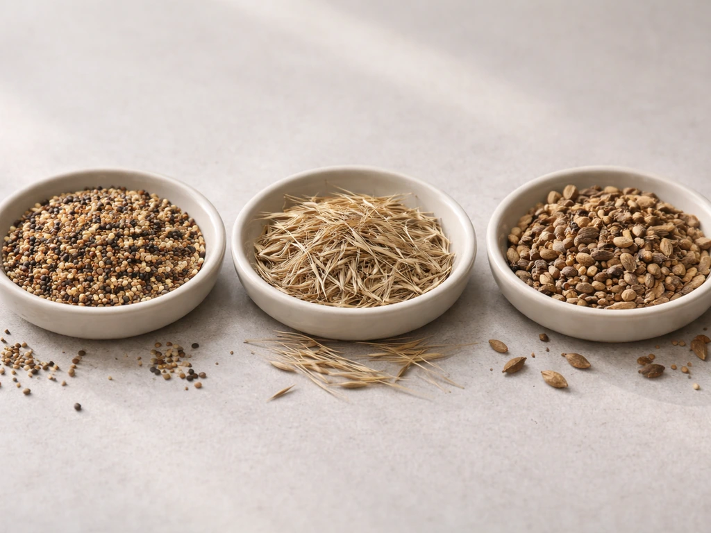 Three close-up seed clusters in separate dishes, showing different wild seed textures side-by-side.