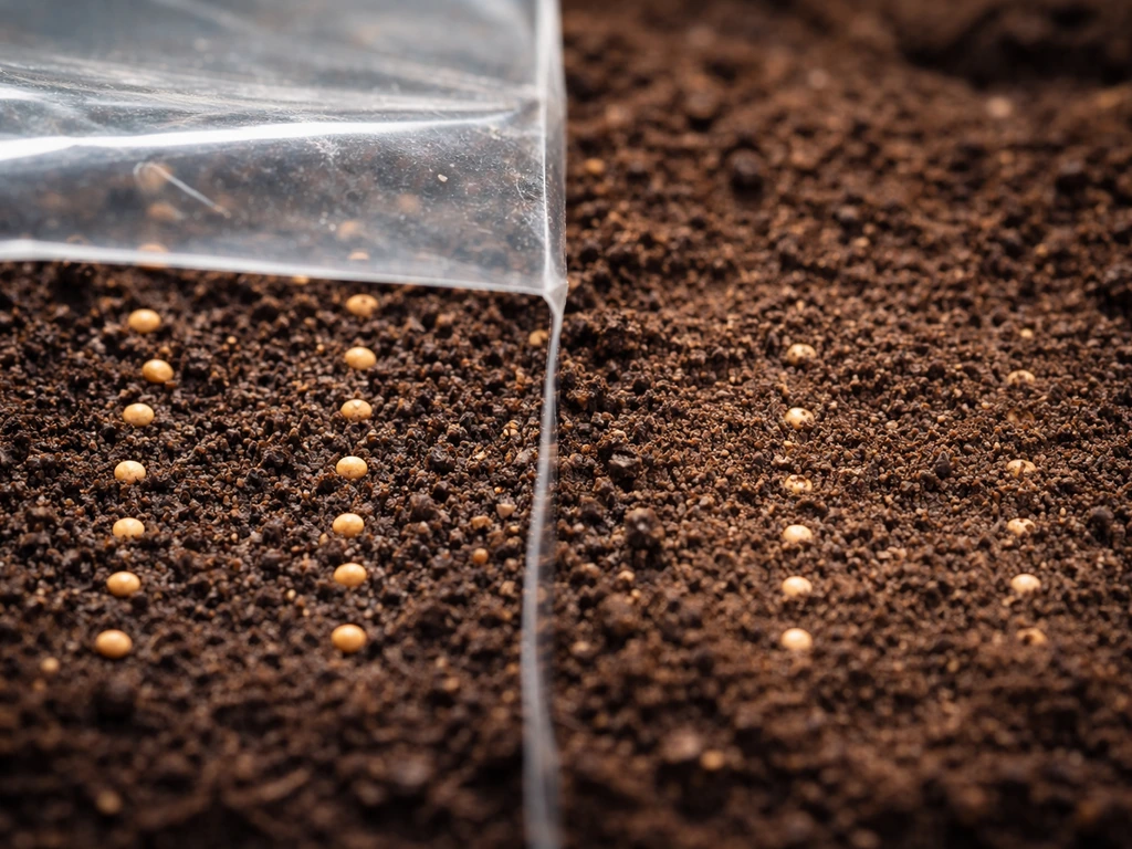 Closeup of seeds pressed at soil surface under clear cover versus seeds lightly covered by soil.
