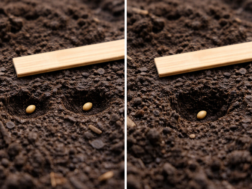 Macro view of tiny wild seeds at two depths in soil, with a small depth guide beside them