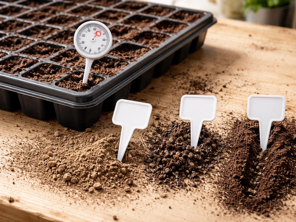 Empty seed tray with soil thermometer and three blank markers suggesting common germination causes.