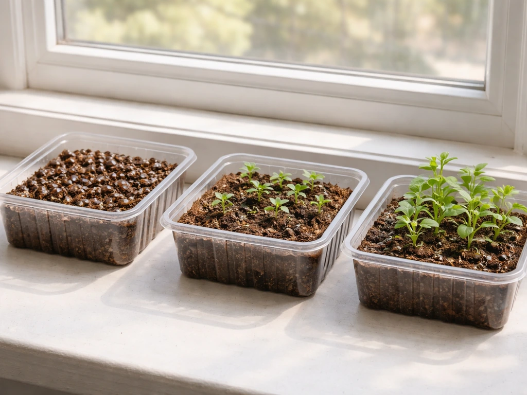 Staged snapdragon growth in trays: seeds, tiny seedlings, and early budding plants on a windowsill.