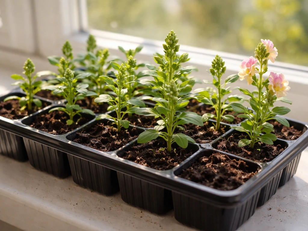 Snapdragon seedling tray with some pots showing buds and a couple of first open blooms