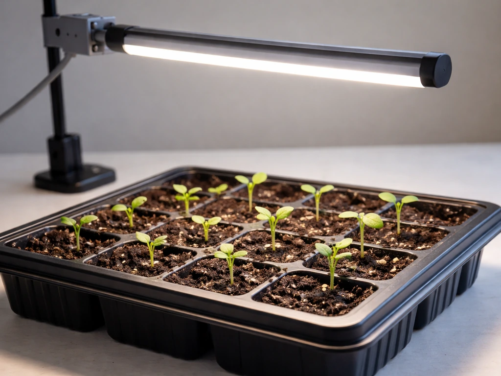 Seedlings in a tray under a grow light set about 2–4 inches above the leaves.