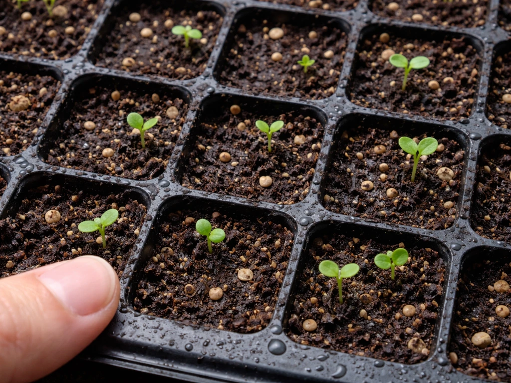 Top-down view of salvia seeds and tiny seedlings emerging in a seed-starting tray.