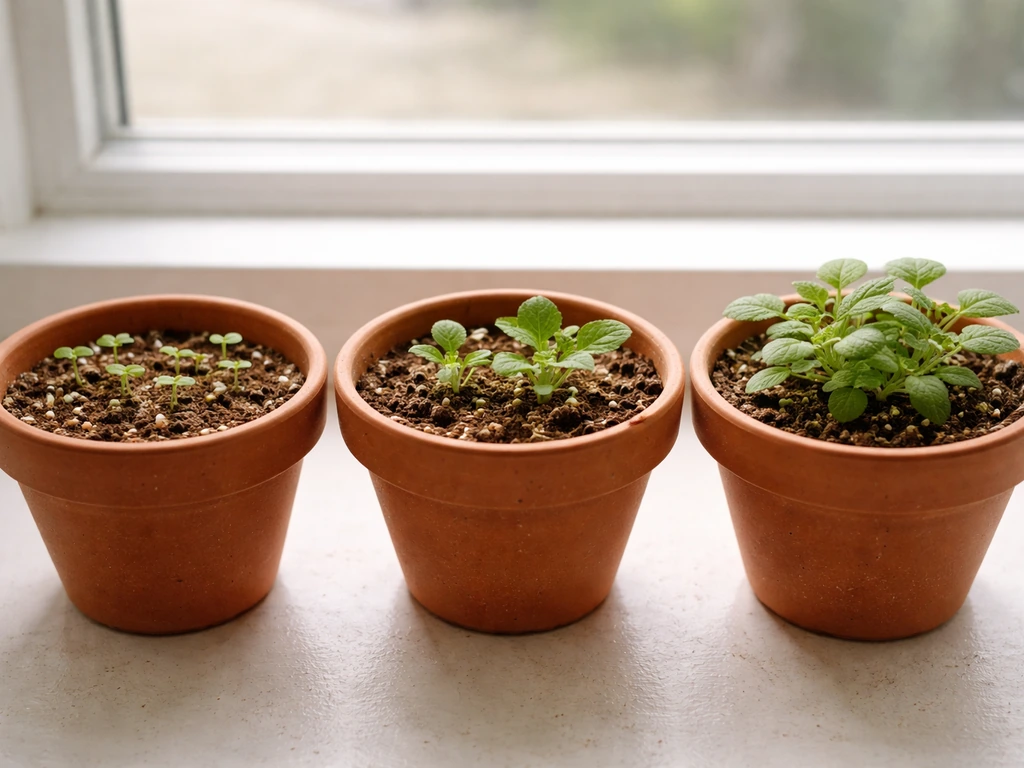 Three salvia pots on a windowsill showing seed-to-young to more developed growth stages side by side.