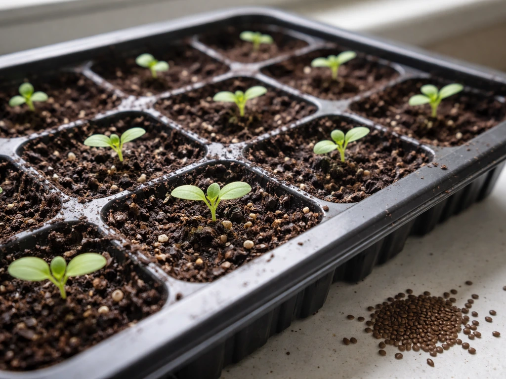 Close-up of small salvia seedlings growing in an indoor seed-starting tray with a few seeds visible.