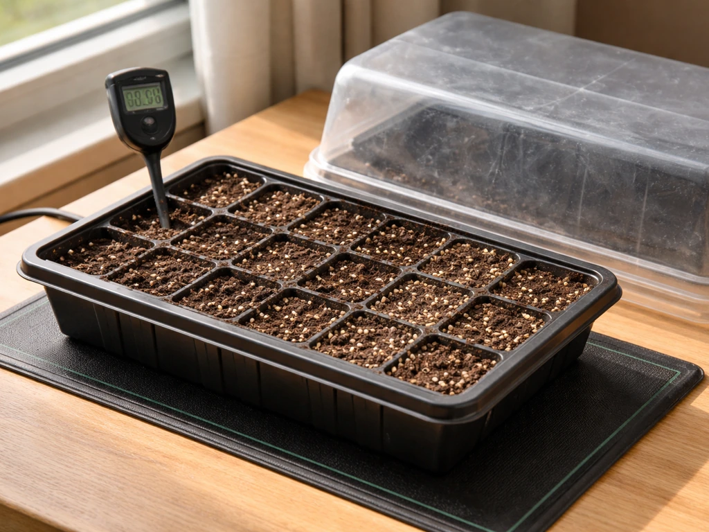 Salvia seed-starting tray with heat mat setup and bright light for faster germination