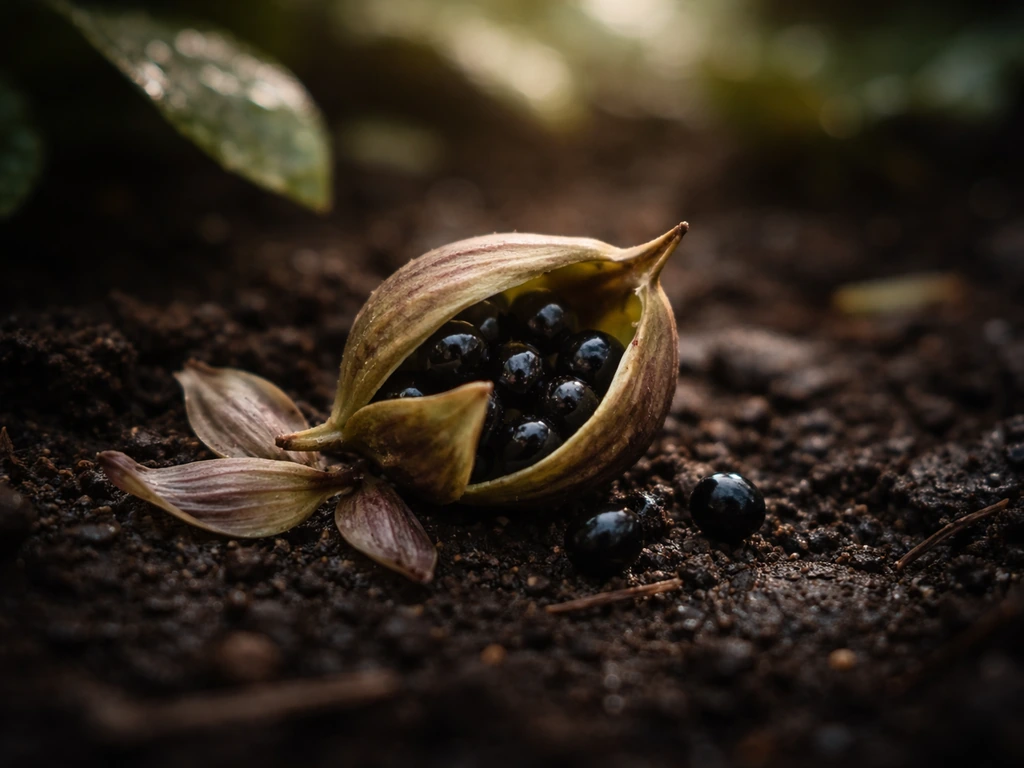 Moody close-up of hellebore seed pods and seeds in dark soil, hinting at future flowering.