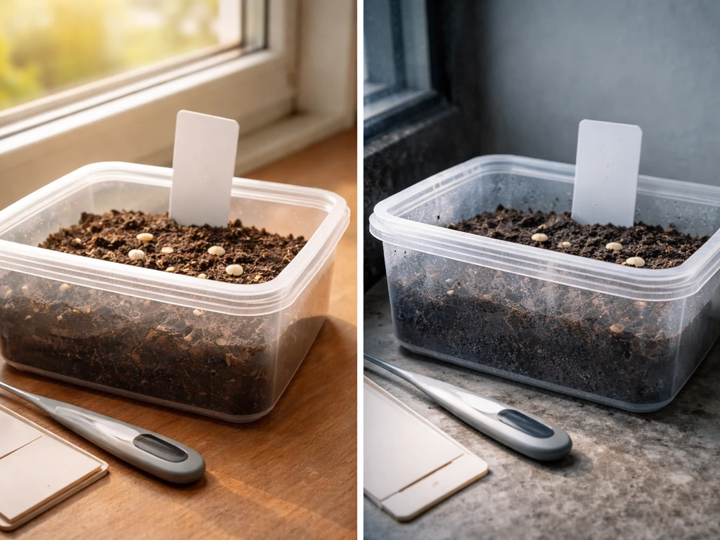Warm-and-cool seed stratification setup with damp soil, hellebore-like seeds, and unlabeled containers.