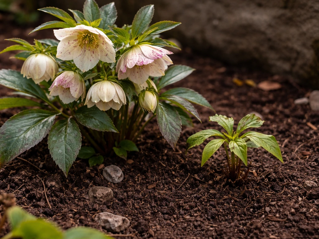 Hellebore plant with nodding winter blooms beside a smaller younger hellebore seedling in soil.