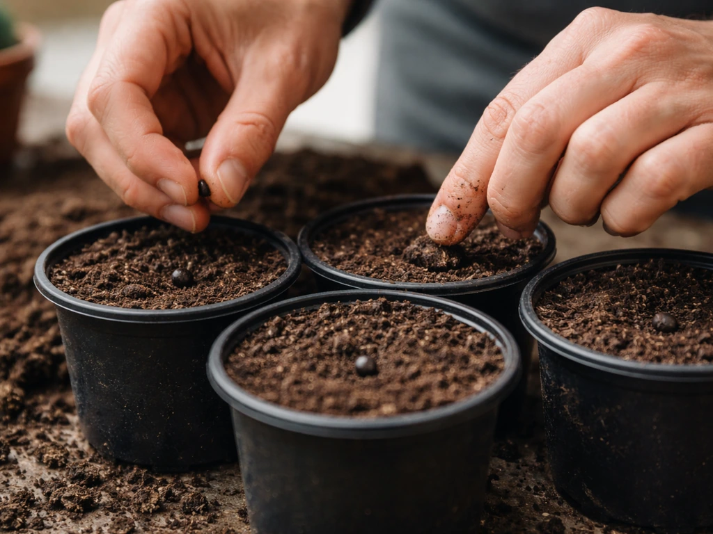 Close-up of hands sowing hellebore seeds into small pots with compost, seeds gently covered
