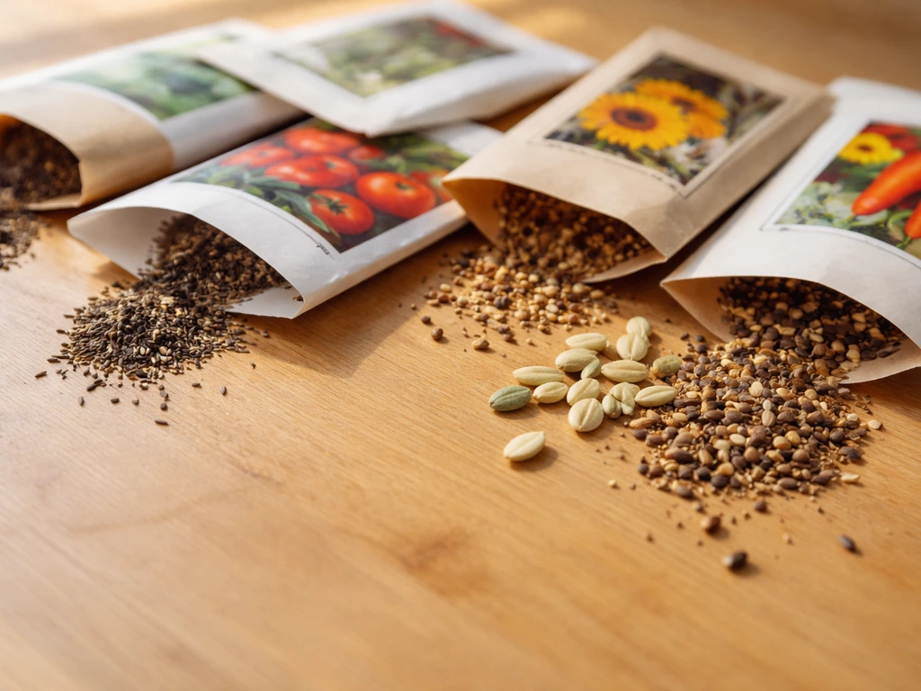 Mixed seed packets and a small handful of assorted seeds ready for planting on a wooden table