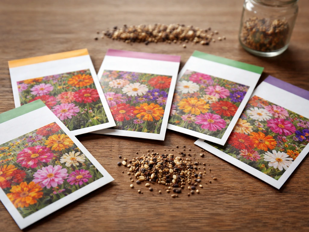 Close-up of multiple seed packet labels and loose seeds on a wooden table, showing mixed species timing differences.