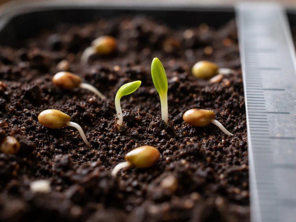 Macro close-up of moist soil with some sprouted seeds and a nearby ruler for scale.