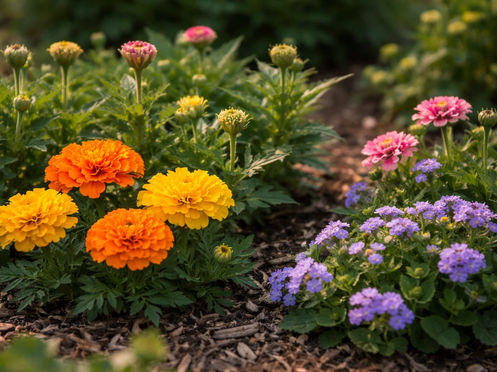 Mixed flower bed with some plants fully blooming and others still budding in warm sunlight.