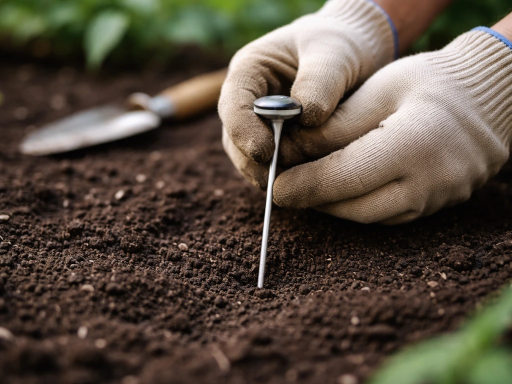 Gloved hands inserting a soil thermometer probe into dark garden soil to check temperature