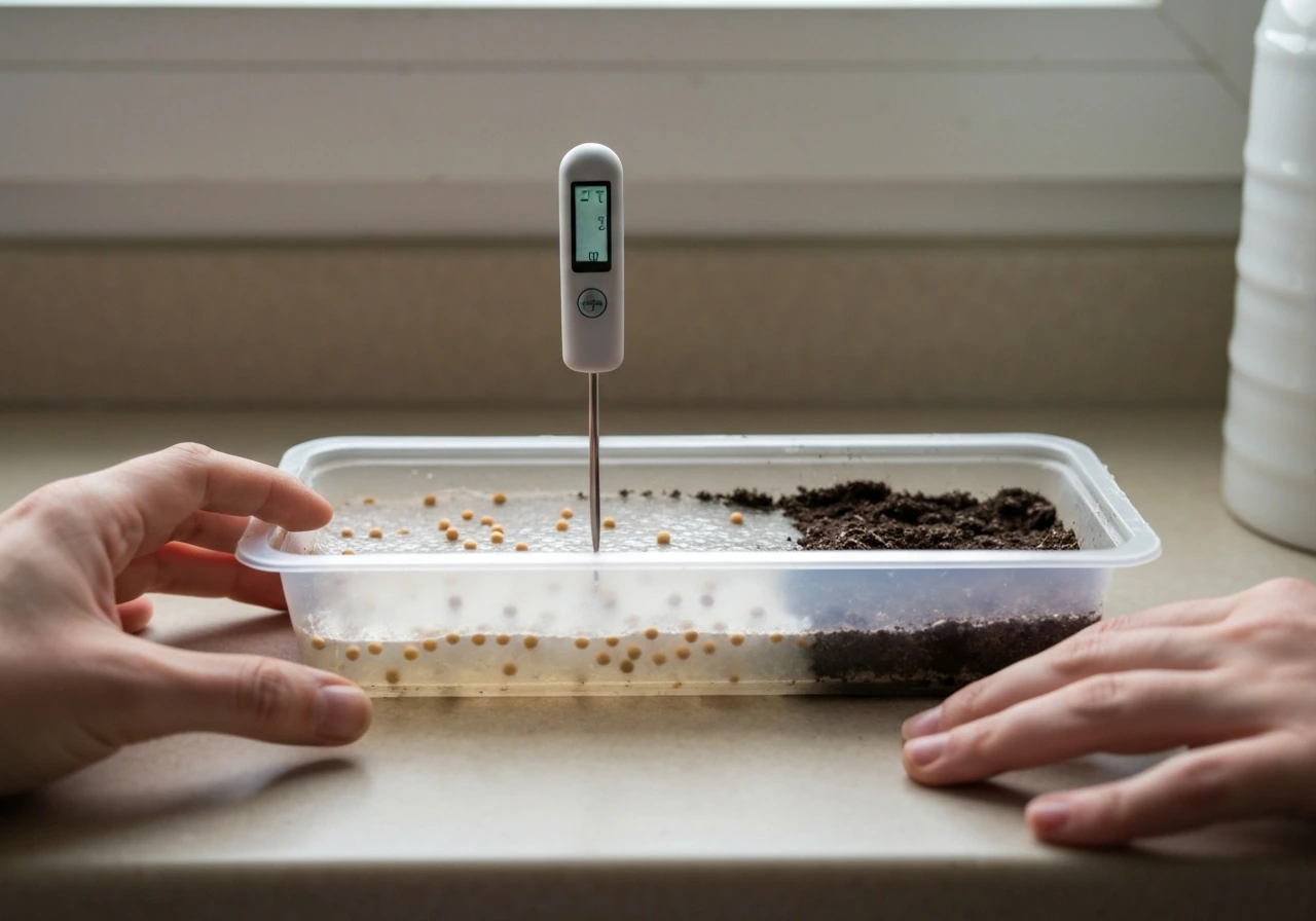 Indoor seed-starting tray with mustard seeds and a soil thermometer probe measuring depth and temperature.